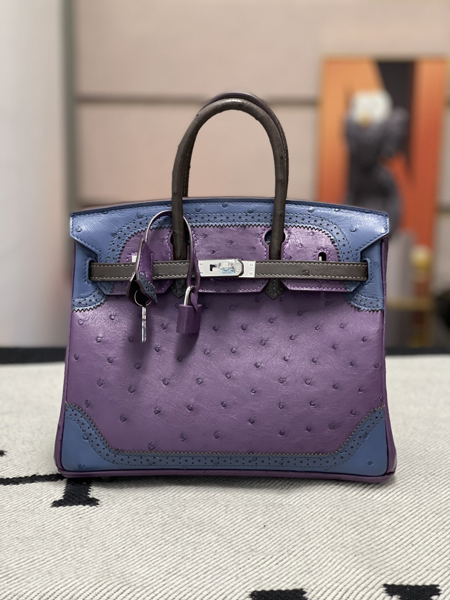 에르메스 버킨백25 퍼플 블루 브라운 은장 타조가죽